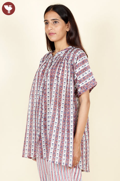 Mulmul Cotton White Printed Top InBlock Print