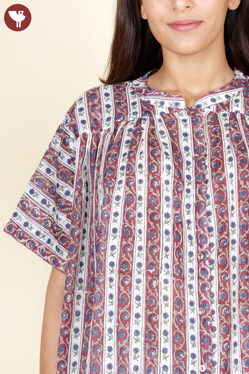 Mulmul Cotton White Printed Top InBlock Print