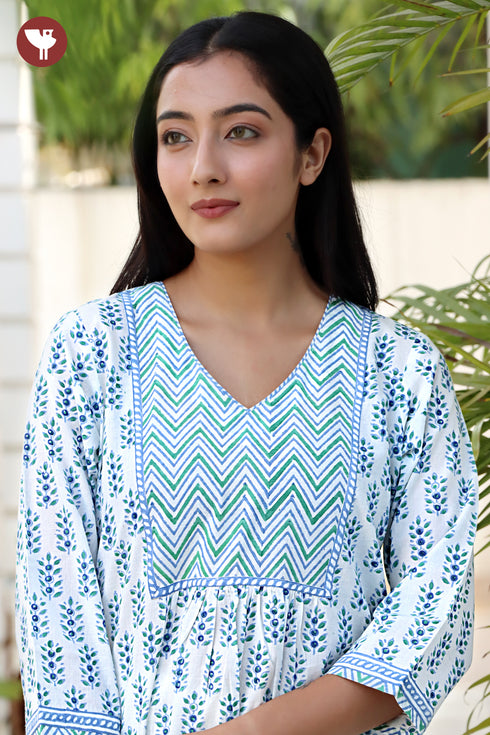 Cambric Cotton Dress In Floral Block Print