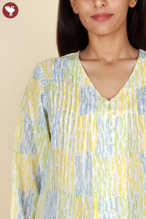 Mulmul Cotton Pintucked Top In Block Print