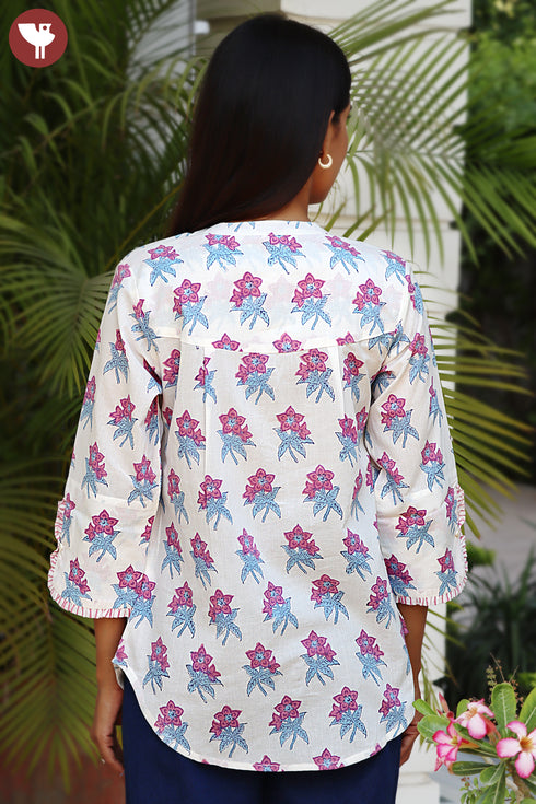 Cambric Cotton Powder Blue Shirt Top in Block Print