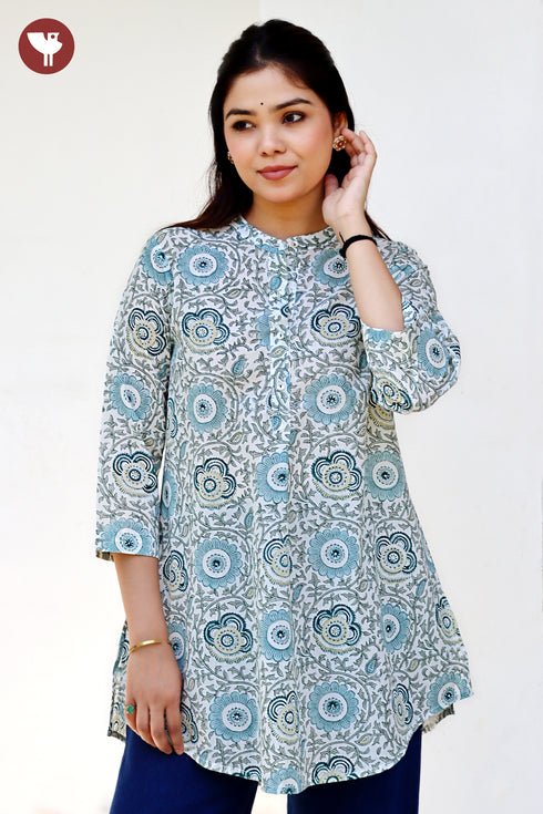 Cambric Cotton Aqua Blue Top in Floral Block Print
