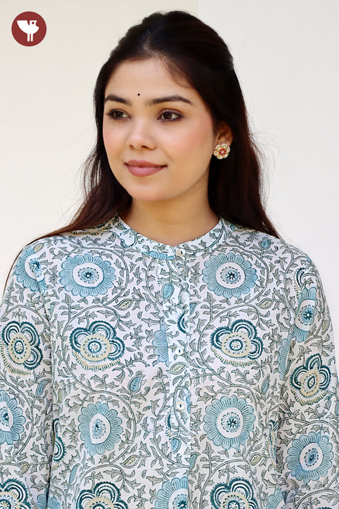 Cambric Cotton Aqua Blue Top in Floral Block Print