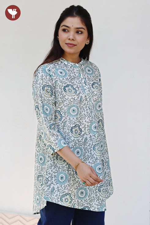 Cambric Cotton Aqua Blue Top in Floral Block Print