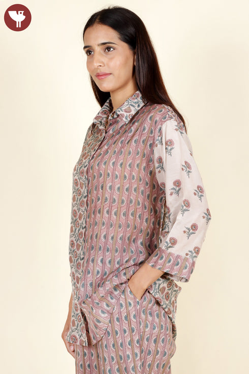 Modal Silk Top In Strip Floral Block Print