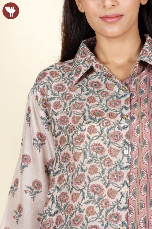 Modal Silk Top In Strip Floral Block Print