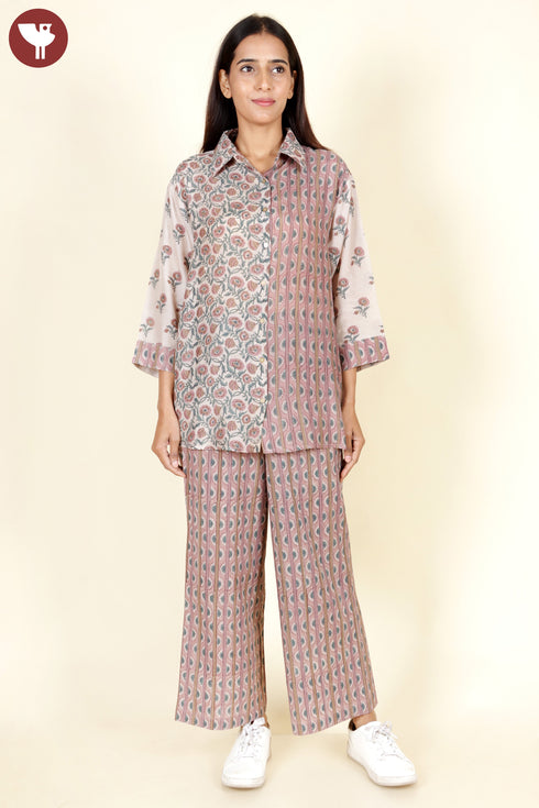 Modal Silk Top In Strip Floral Block Print