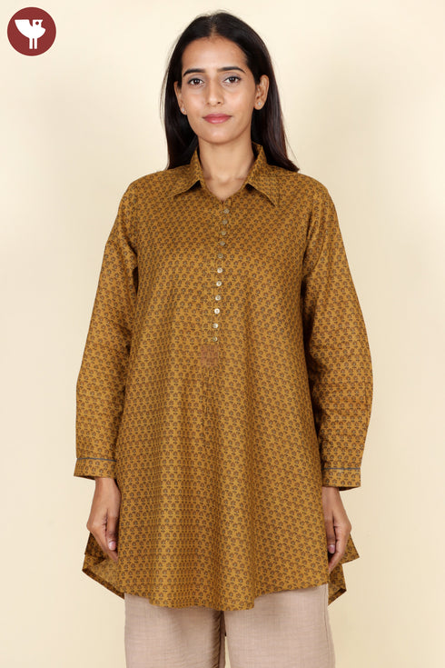 Cambric Cotton Mustard Top In Block Print