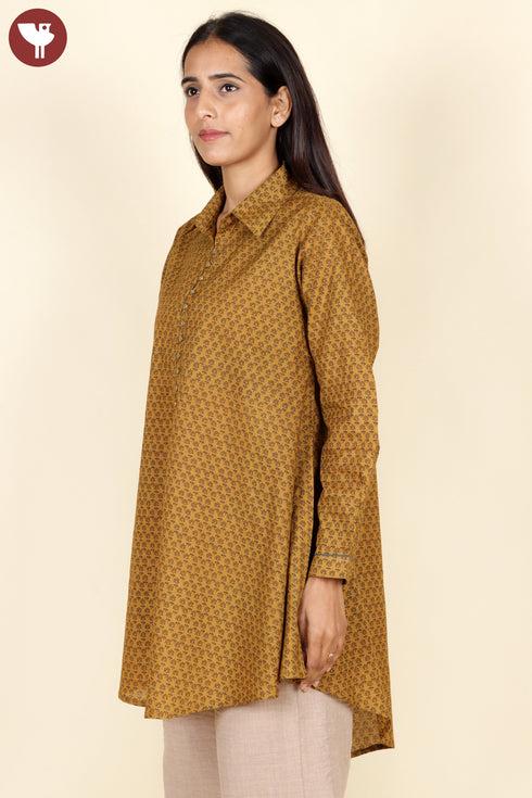 Cambric Cotton Mustard Top In Block Print