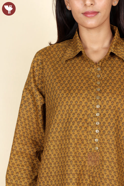Cambric Cotton Mustard Top In Block Print