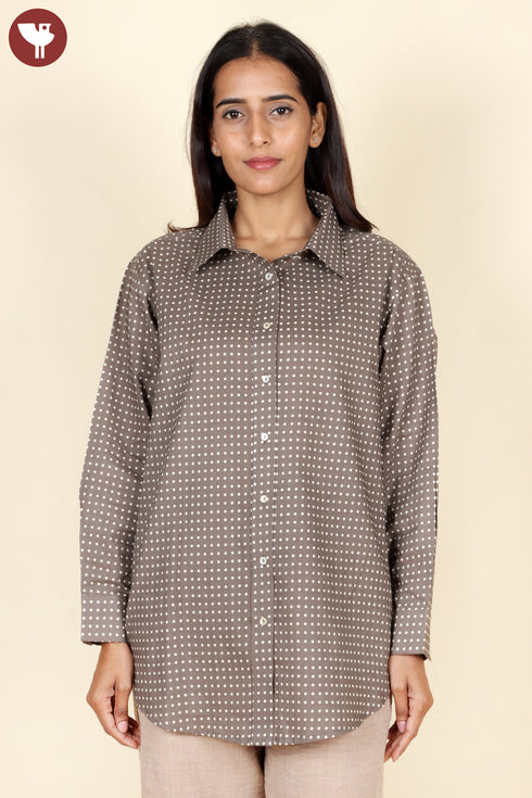 Cambric Cotton Taupe Dotted Top In Block Print