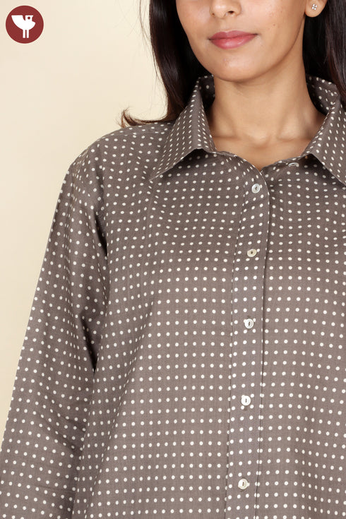 Cambric Cotton Taupe Dotted Top In Block Print