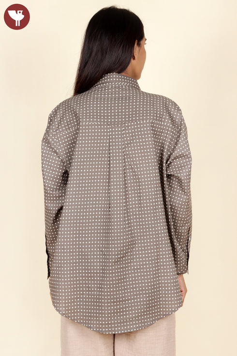 Cambric Cotton Taupe Dotted Top In Block Print