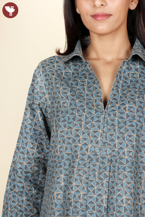 Cambric Cotton Slate Blue Geometric Top