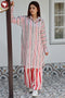 MulMul Cotton Grey Red Stripe Long Top In Block Print
