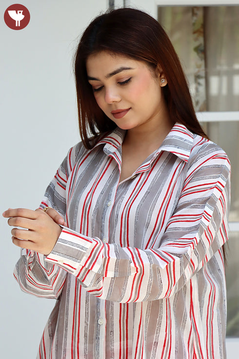 MulMul Cotton Grey Red Stripe Long Top In Block Print