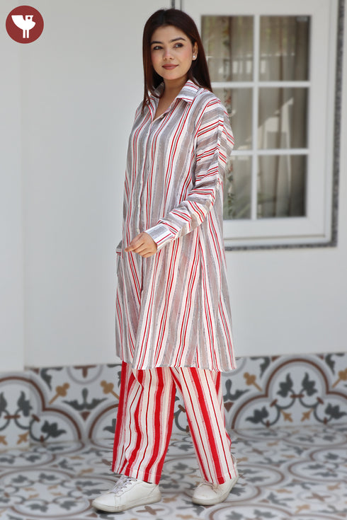 MulMul Cotton Grey Red Stripe Long Top In Block Print