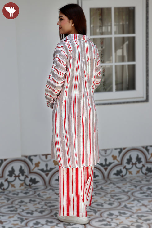 MulMul Cotton Grey Red Stripe Long Top In Block Print