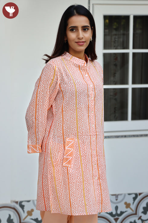 MulMul Cotton Peach Top In Block Print