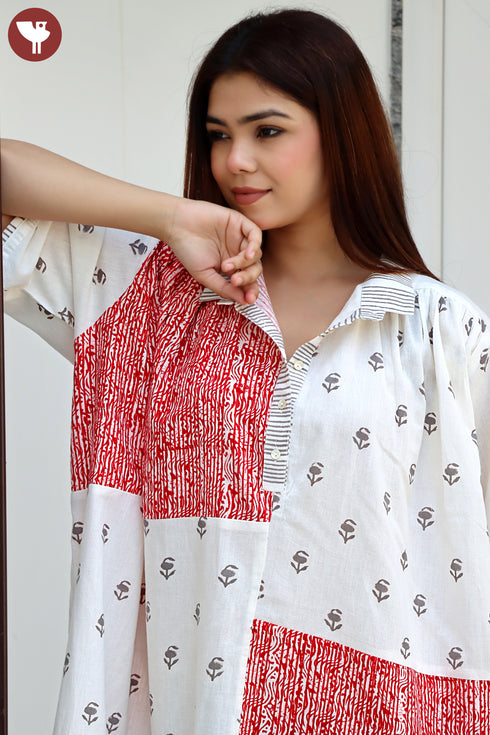 Khaadi Off White Red Patch Dress In Block Print
