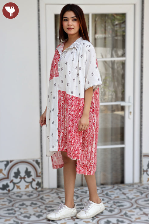 Khaadi Off White Red Patch Dress In Block Print