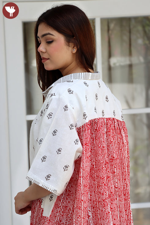 Khaadi Off White Red Patch Dress In Block Print