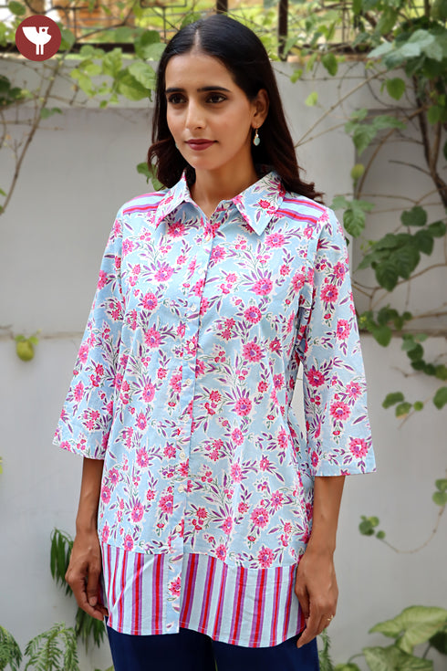 Cambric Cotton Shirt Style Top In Floral Block Print