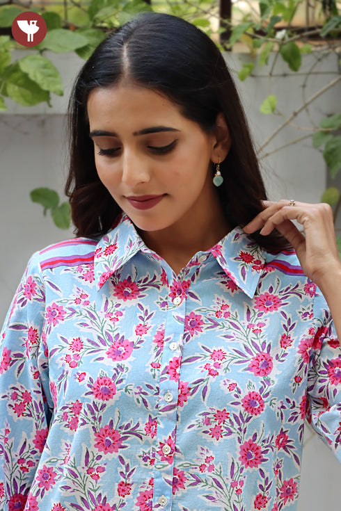 Cambric Cotton Shirt Style Top In Floral Block Print