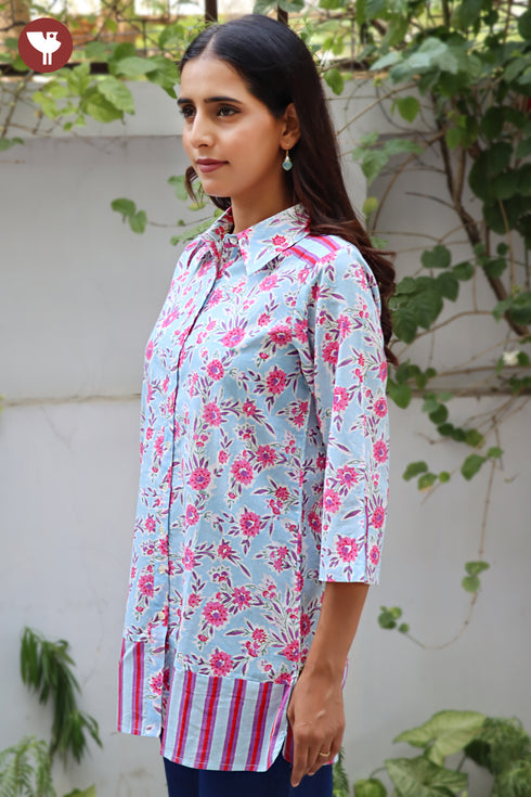 Cambric Cotton Shirt Style Top In Floral Block Print