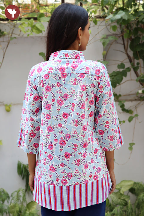 Cambric Cotton Shirt Style Top In Floral Block Print