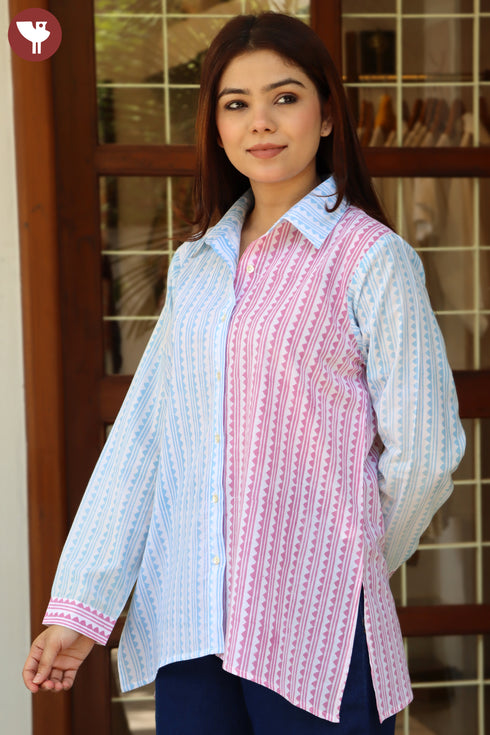 Cambric Cotton Shirt Top in Stripe Geometric Block Print