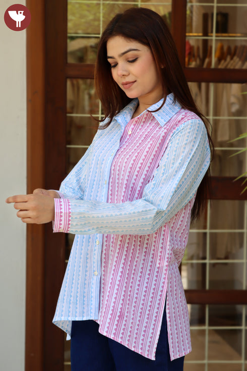Cambric Cotton Shirt Top in Stripe Geometric Block Print