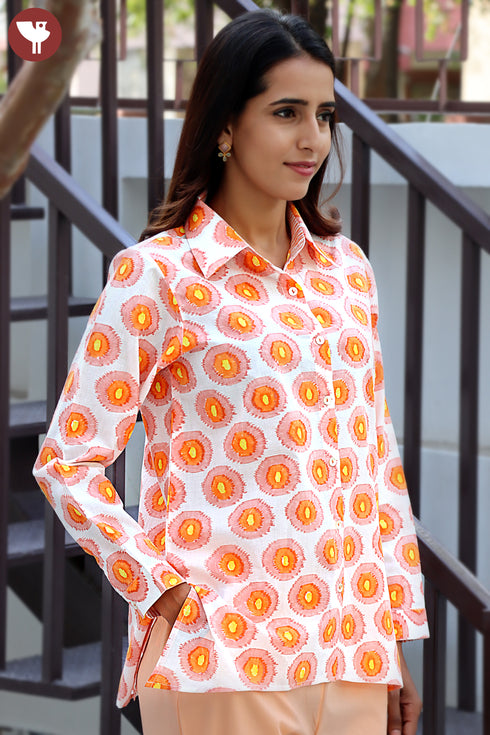 Cambric Cotton Peach Shirt Top In Block Print