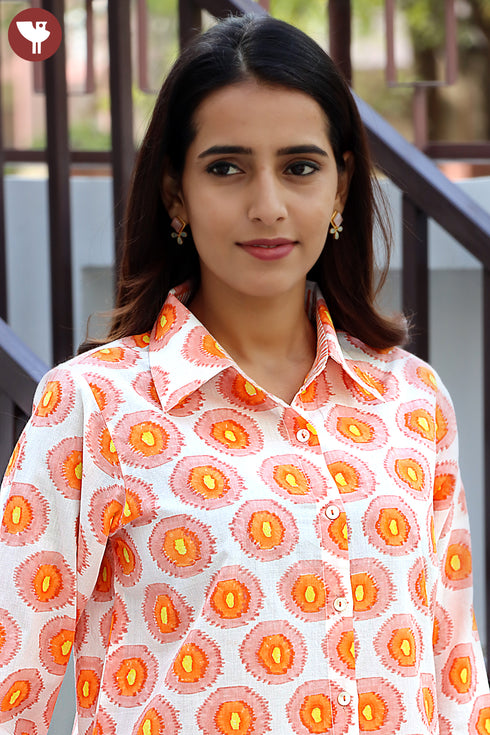 Cambric Cotton Peach Shirt Top In Block Print
