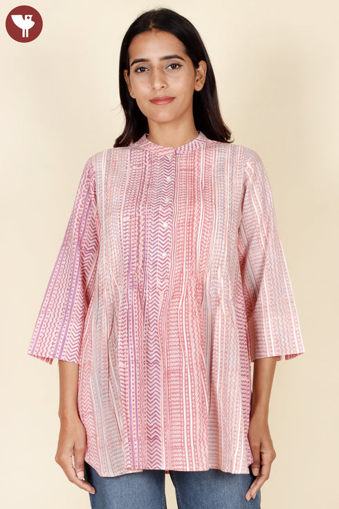 Cambric Cotton Pintucked Top In Block Print