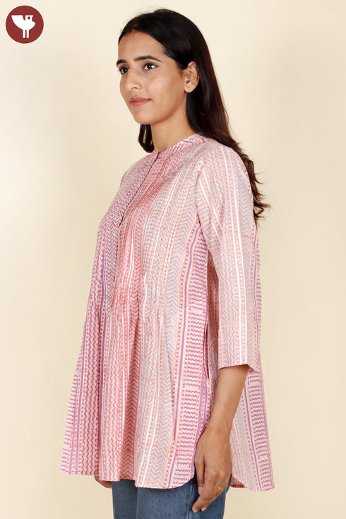 Cambric Cotton Pintucked Top In Block Print