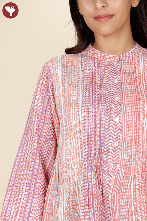 Cambric Cotton Pintucked Top In Block Print