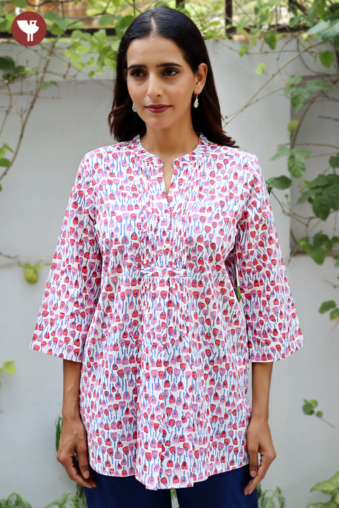 Cambric Cotton Pintuc Floral Top In Block Print