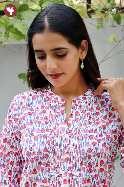 Cambric Cotton Pintuc Floral Top In Block Print