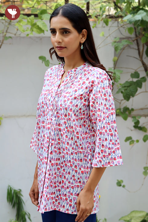 Cambric Cotton Pintuc Floral Top In Block Print