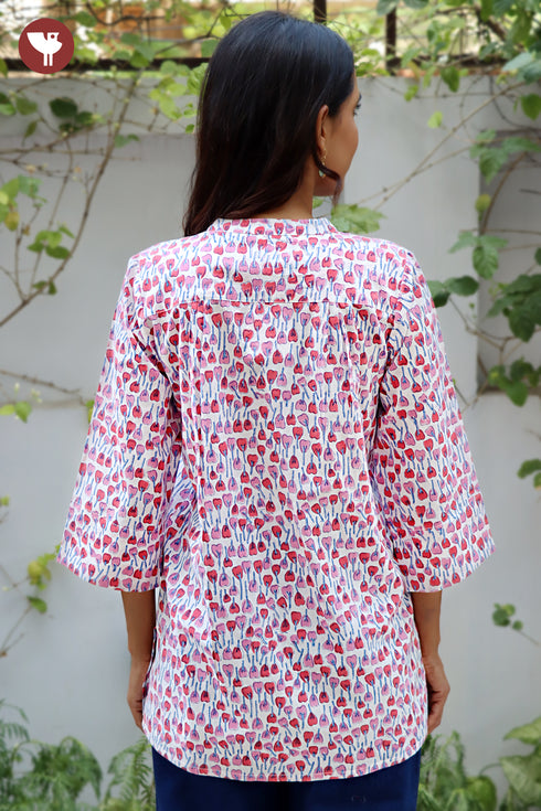 Cambric Cotton Pintuc Floral Top In Block Print