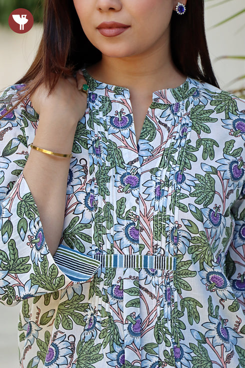 Cambric Cotton Purple Floral Pintuck Top