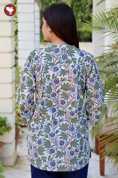 Cambric Cotton Purple Floral Pintuck Top