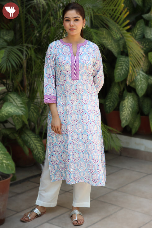 Cambric Cotton Powder Blue Kurtain Floral Block Print