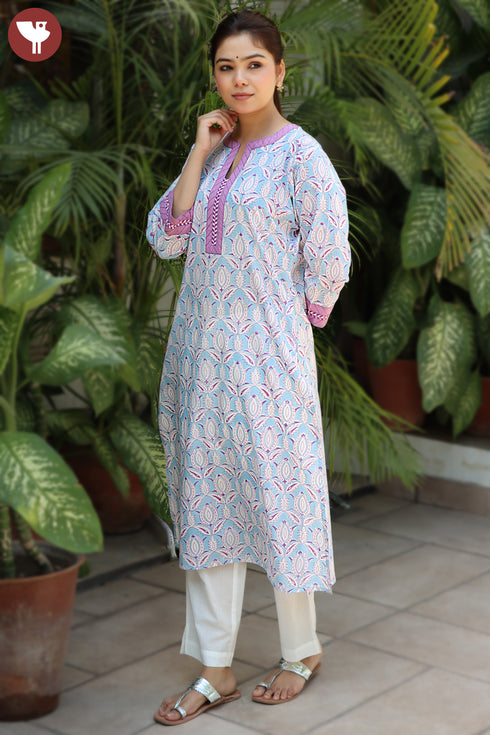 Cambric Cotton Powder Blue Kurtain Floral Block Print