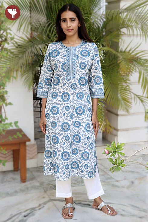 Cambric Cotton Cream Kurta In Floral Block Print