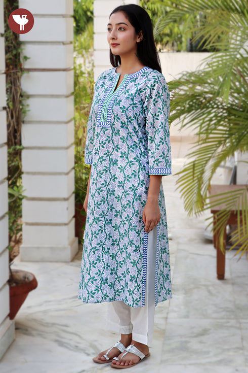 Cambric Cotton Kurta In Floral Block Print