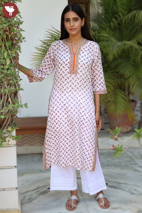 Mulmul Cotton Kurta In Block Print