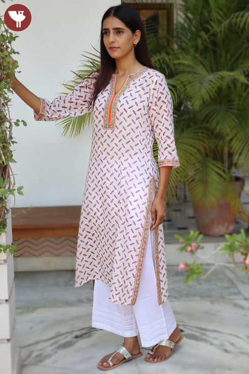 Mulmul Cotton Kurta In Block Print