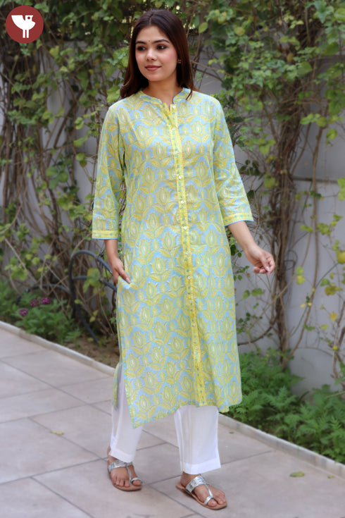 Mulmul Cotton Kurta In Floral Block Print